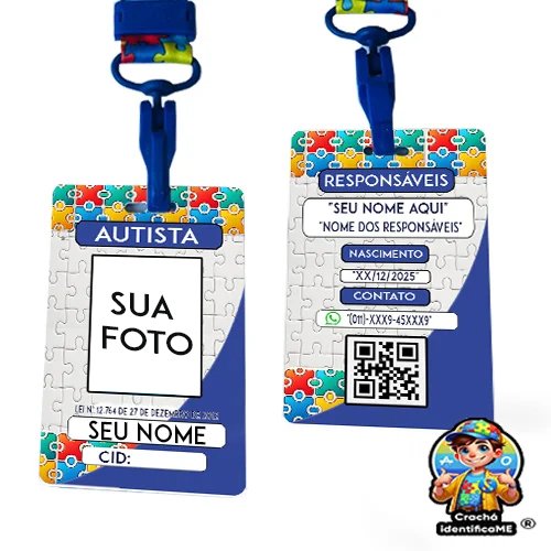Crachá Autismo Personalizado com QR Code e Cordão de Acessibilidade