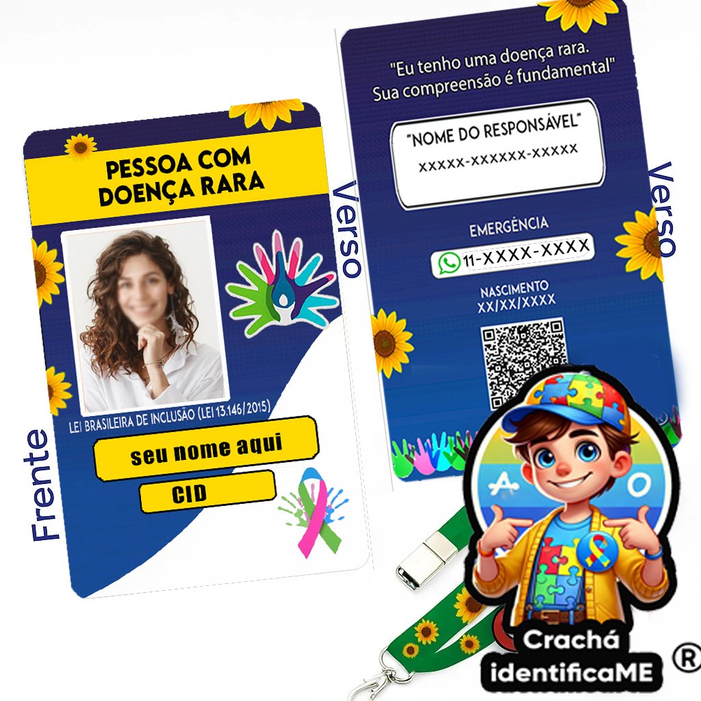 Crachá Doenças Raras com Nome, Foto, CID e QR Code – Cordão Mãos Coloridas