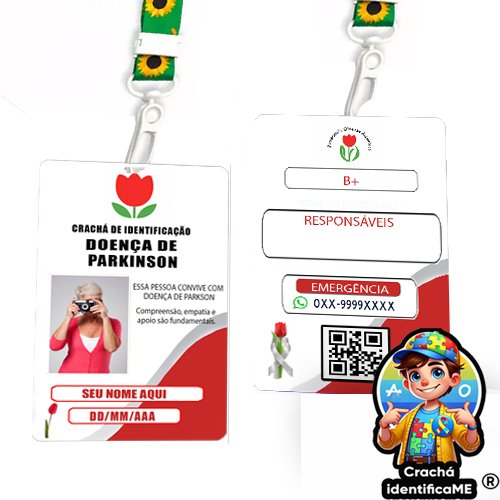 Crachá Doença de Parkinson com QR Code e Cordão Tulipa Vermelha | Crachá IdentificaMe