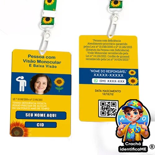 Crachá Baixa Visão e Visão Monocular com QR Code e Cordão Girassol