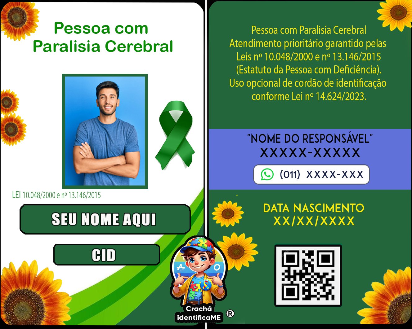 Crachá Paralisia Cerebral – Identificação com Nome, Contato e QR Code