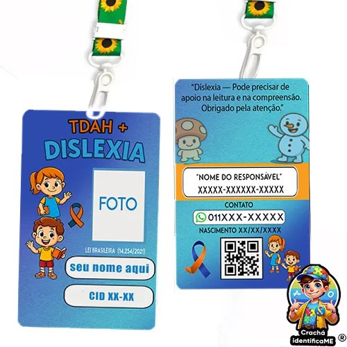 Crachá Infantil TDAH + Dislexia com QR Code – Identificação Educacional