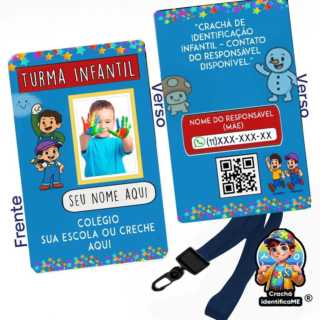 Crachá Infantil Escolar – Identificação com Nome, Foto e QR Code Opcional