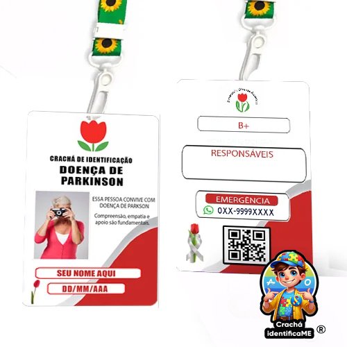 Crachá Doença de Parkinson – Cordão Tulipa Vermelha com QR Code Personalizado