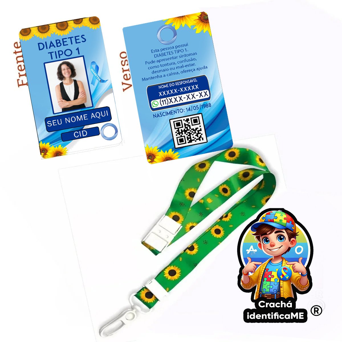 Crachá de Identificação para Diabetes Tipo 1 (DM1) com QR Code Médico e Cordão Girassol