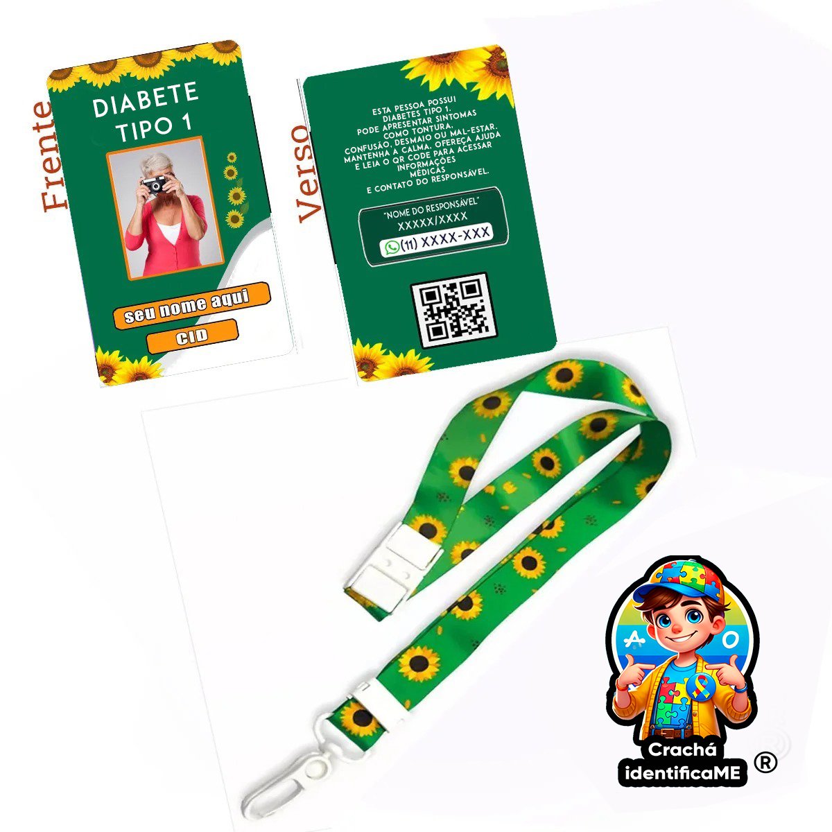 Crachá de Identificação para Diabetes Tipo 1 (DM1) com QR Code Médico e Cordão Girassol