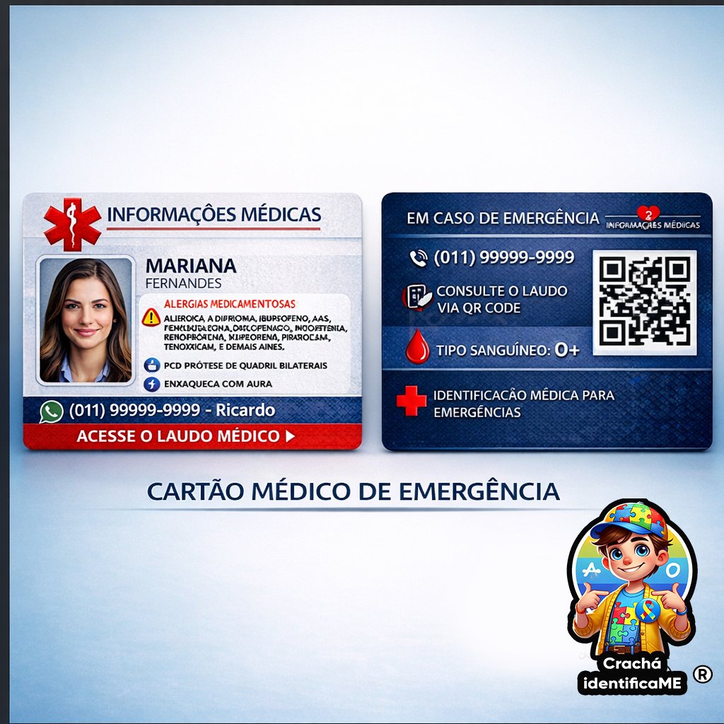 Cartão Médico de Emergência Personalizado com Foto, QR Code e Contato
