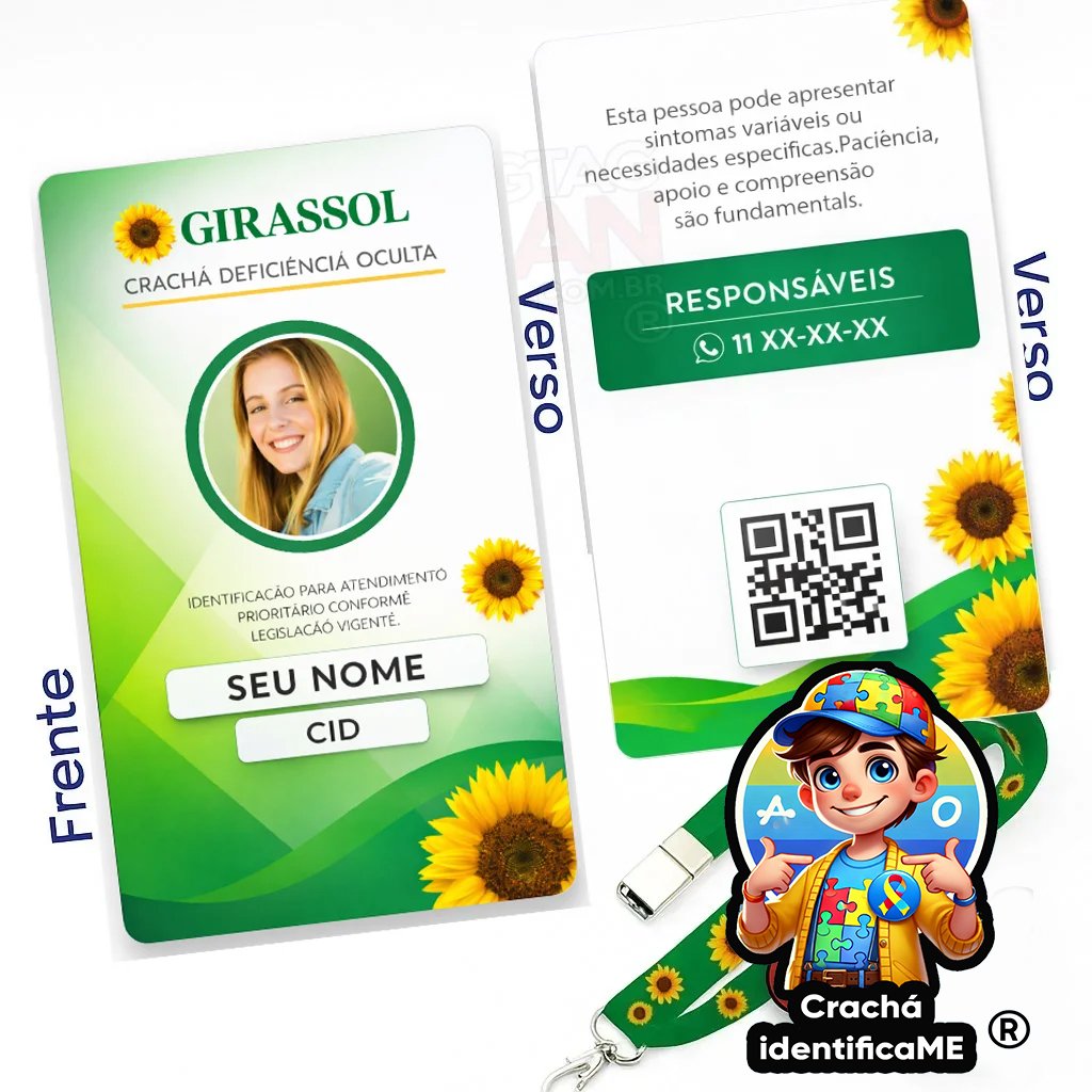 Crachá Girassol com QR Code e Cordão com Trava Anti Sufocamento